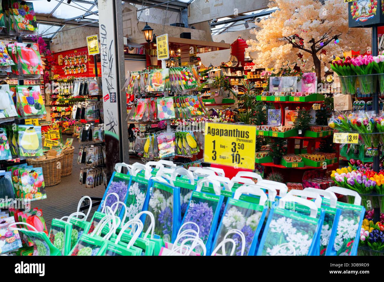 Auf dem geschäftigen Blumenmarkt finden Sie eine Auswahl an lebendigen Pflanzen und Blumenarrangements. Händler zeigen farbenfrohe Produkte, während die Käufer die Li erkunden Stockfoto
