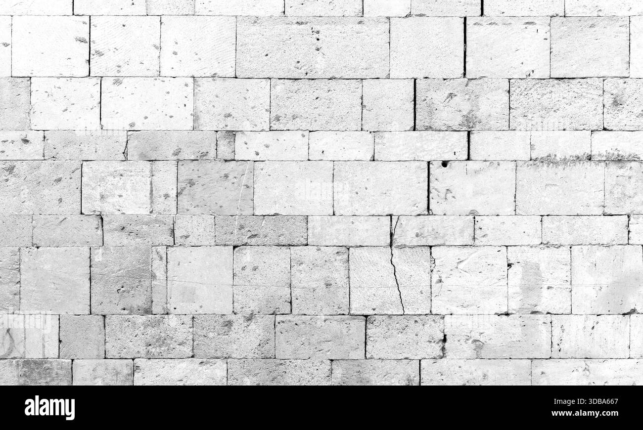 Vorderansicht einer weißen Muschelsteinmauer, die ihre rustikale, raue Textur zeigt. Geeigneter Hintergrund für Architektur, Konstruktion oder Design Stockfoto