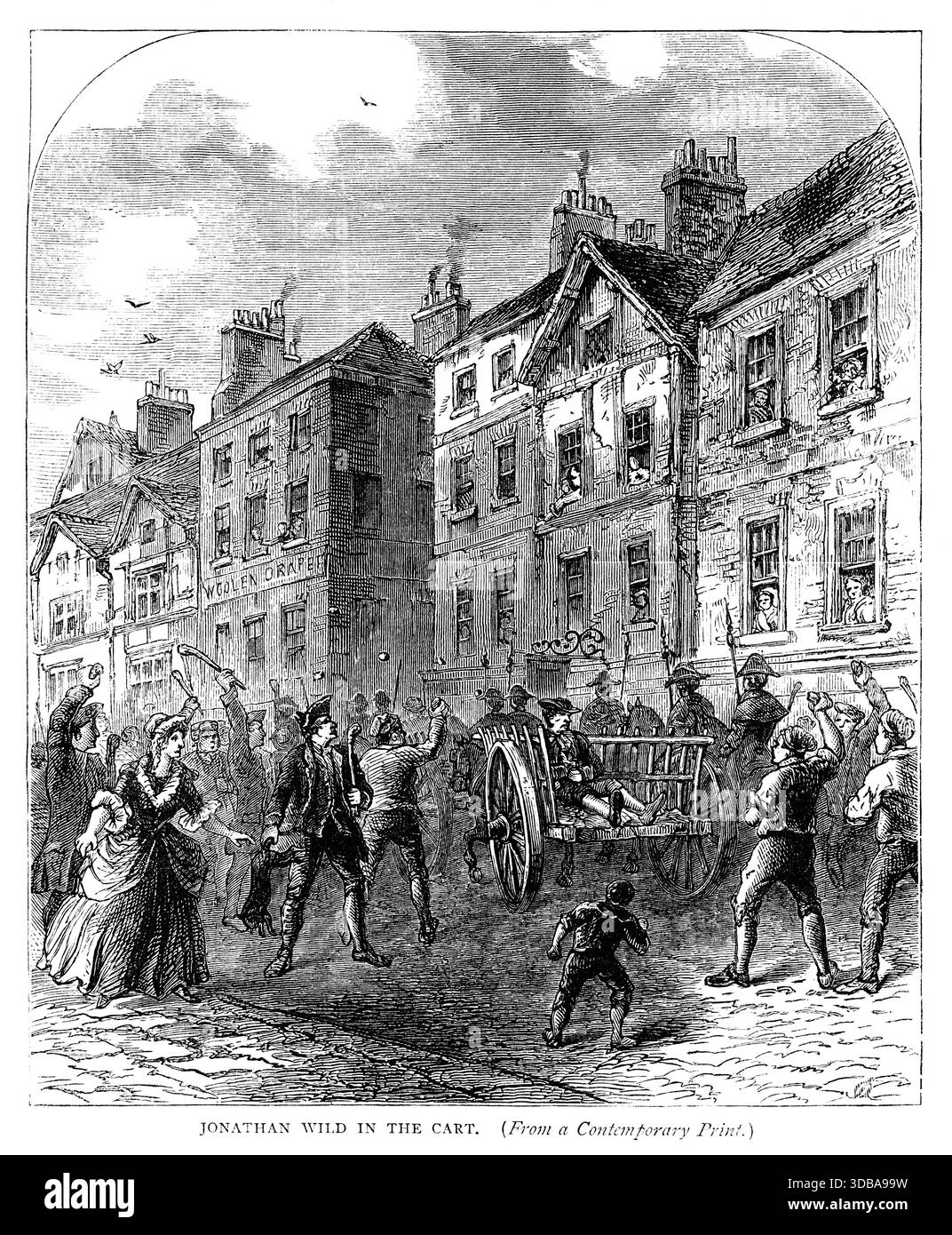 Ein Stich von Jonathan Wild aus dem 19. Jahrhundert in einem Wagen, der durch die Straßen gezogen wurde. Eine Menschenmenge wirft Steine auf ihn. Er war ein berüchtigter Londoner Krimineller aus dem 18. Jahrhundert und im 19. Jahrhundert eine legendäre Figur. Wild wurde 1725 in Tyburn gehängt Stockfoto