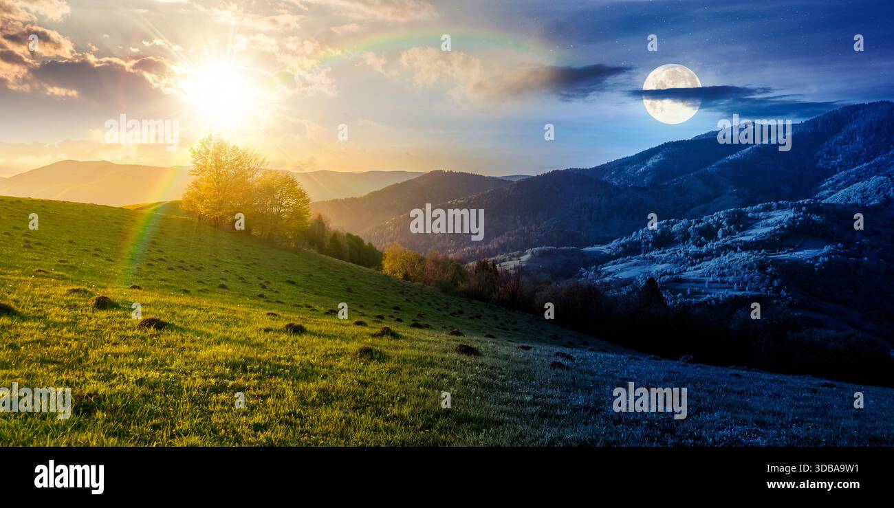 Landschaft in den Bergen. Tag- und Nachtzeitwechsel. Wunderschöne Landschaft mit Wiesen, die sich durch bewaldete Hügel mit Sonne und Mond schlängeln Stockfoto