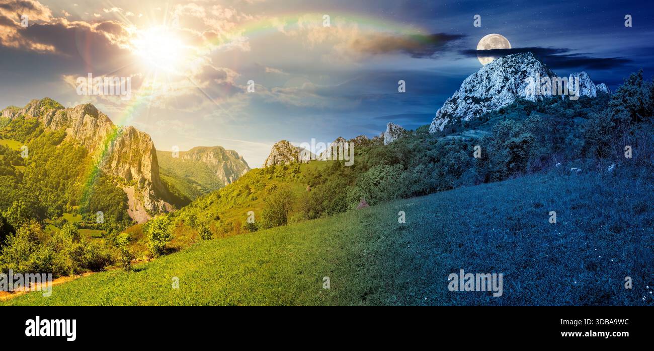 Wunderschönes Panorama der Landschaft in wunderbaren Bergen. Tag- und Nachtzeitwechsel. Grasbewachsene Wiese am Hügel und weit entfernte Schlucht mit Klippen Stockfoto