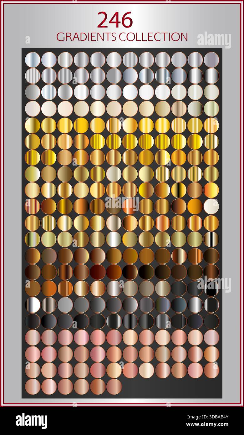 Runde Verlaufsvektorstil Gold und Silber Rose Verlaufsset, Goldverläufe, realistische goldene, metallische Paletten, Goldverlaufsset Stock Vektor