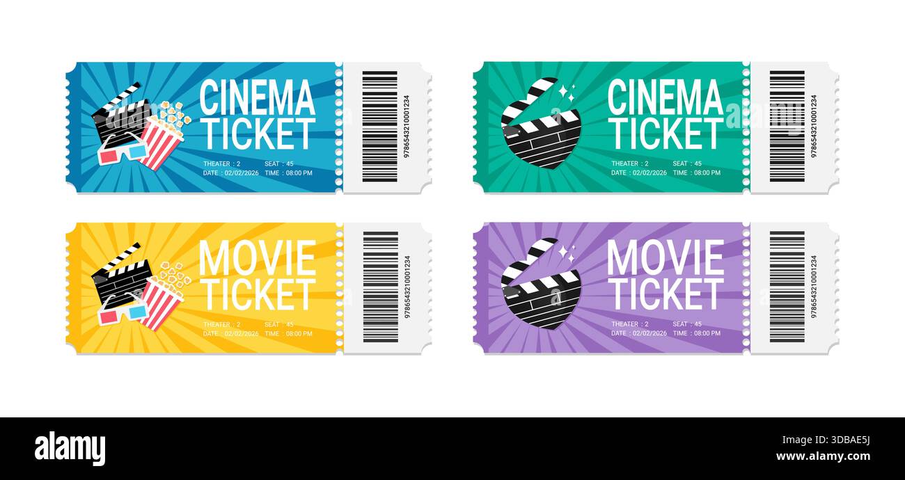 Kino- und Kinokarten mit Schautafeln, Popcorn-Eimer und 3D-Brille. Kinokarten mit Barcode. Vektorabbildung Stock Vektor