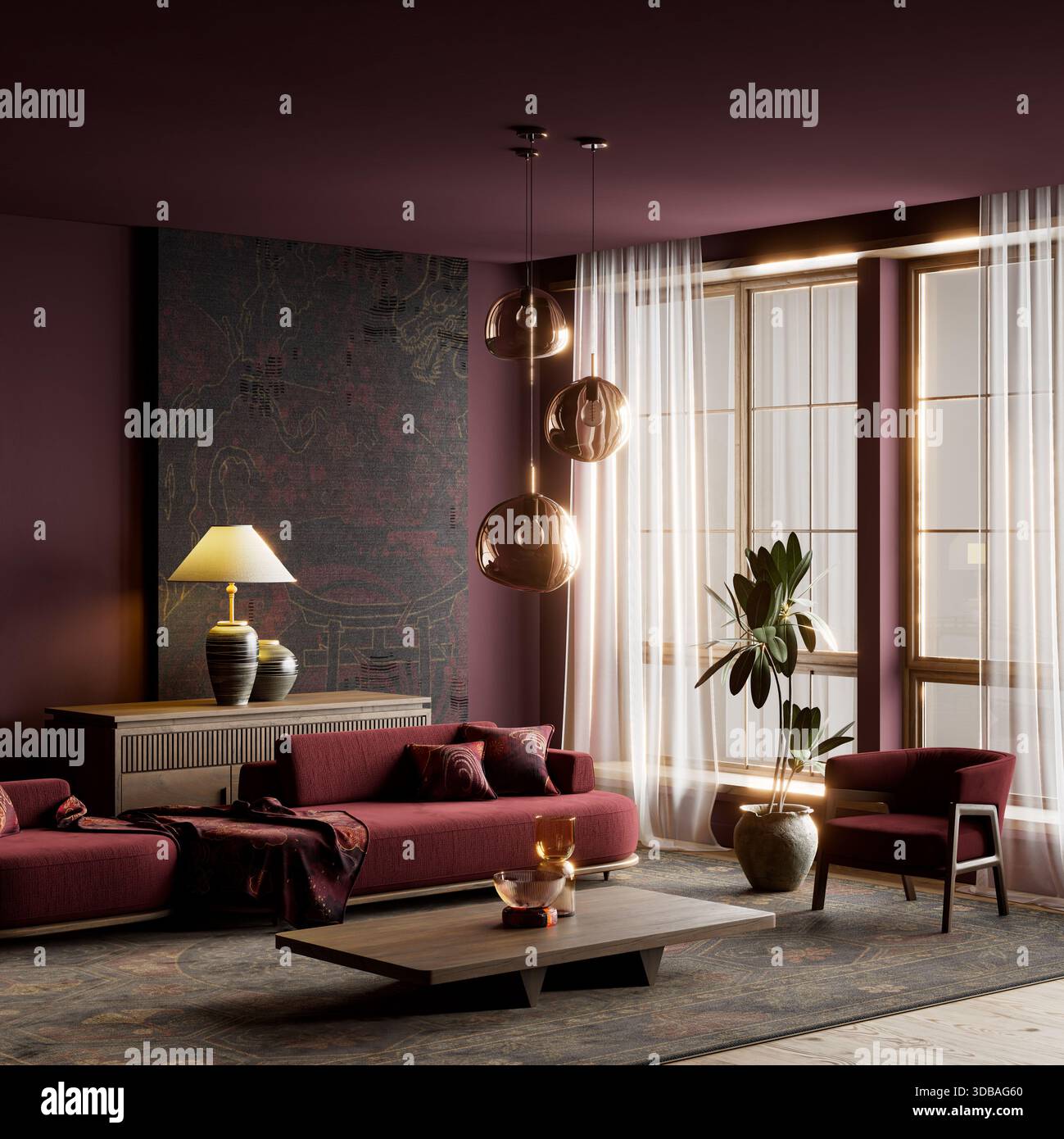 Dieses kinoartige, dunkle japandi-Innenleben verwendet mehrschichtige Texturen, warme burgunderrote Töne und Ambiente-Beleuchtung, um minimalistische Eleganz, Tiefe und A zum Ausdruck zu bringen Stockfoto