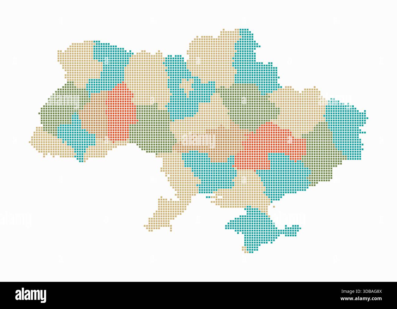 Ukraine gepunktete Karte. Digitale Landkarte des Landes auf weißem Hintergrund. Ukrainische Form mit quadratischen Punkten. Farbige Punkte. Kleine Quadrate. Clas Stock Vektor