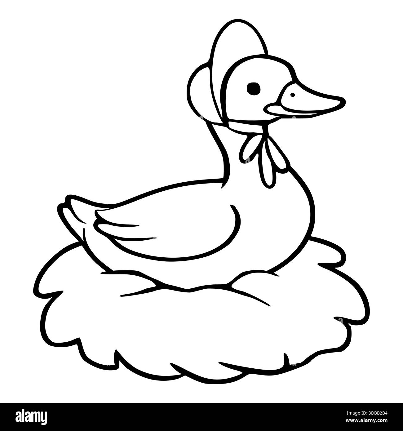 Entzückende Vektor-Illustration eines Entleins, das eine Motorhaube trägt und in einem Nest sitzt, perfekt für Kinderbücher und Bauernhofthemen. Stock Vektor