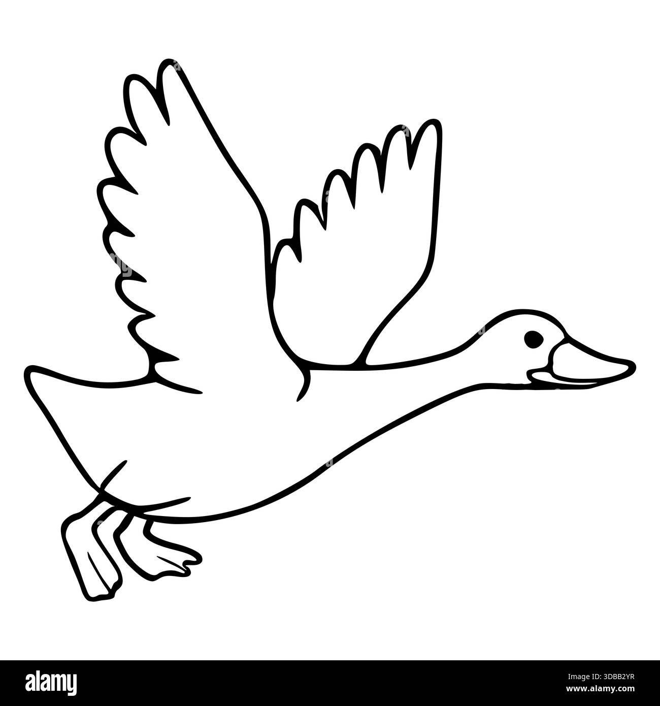 Eine einfache schwarz-weiße Vektor-Illustration einer Gans in der Mitte des Fluges, mit weit ausgebreiteten Flügeln und Füßen darunter, gerendert in einem sauberen lin Stock Vektor