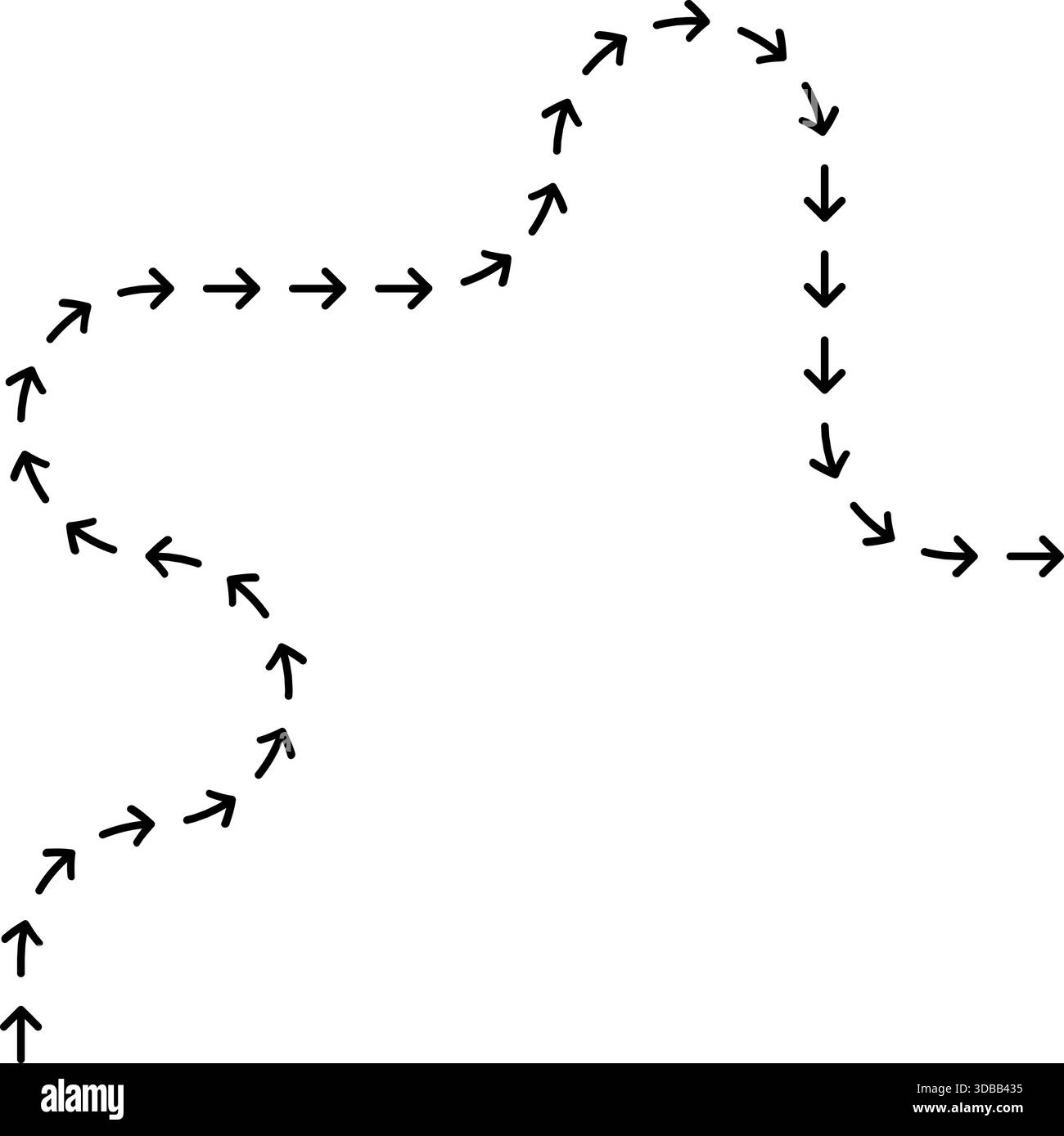 Kurviger, gepunkteter Pfeil, der ein Bewegungsmuster mit einer geschwungenen Richtungspur bildet. Stock Vektor