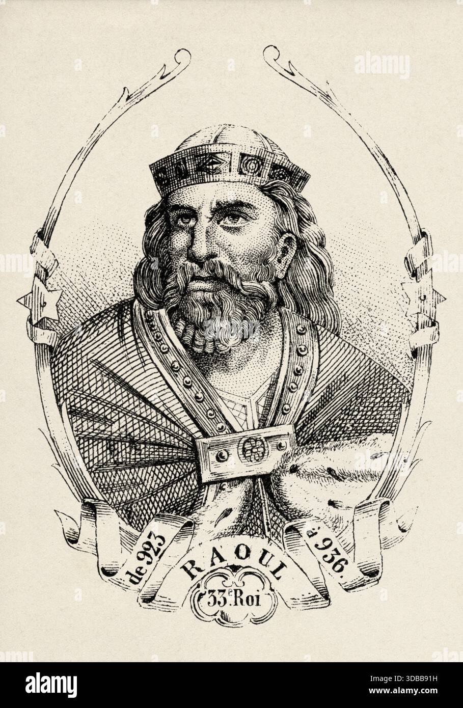Porträt von Rudolf von Frankreich (890–936) König der Franken. Antike Illustration von Emile Simon (1805-1886) aus dem historischen und malerischen Atlas, Universal History 1861 Stockfoto
