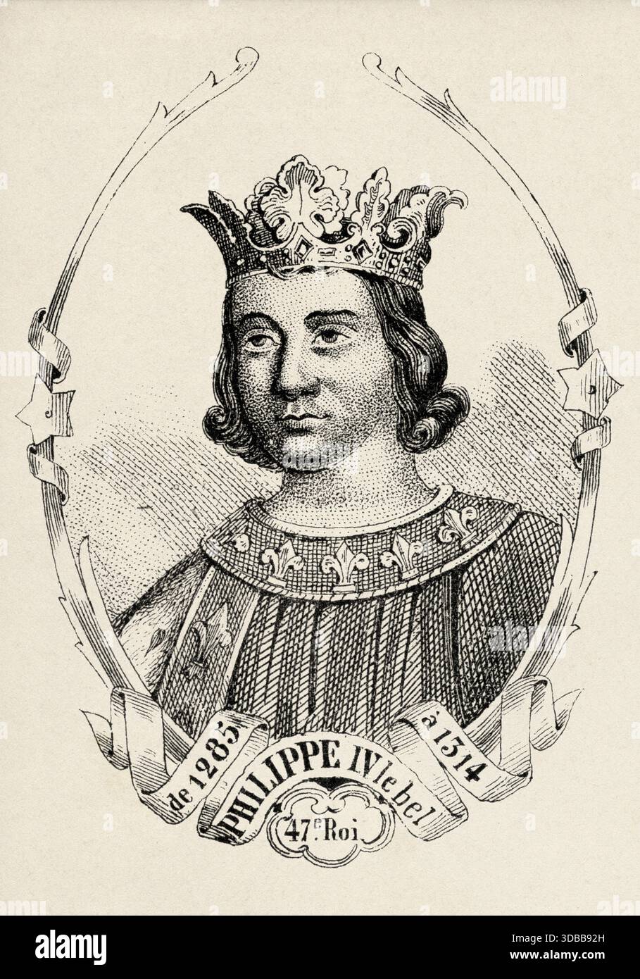 Porträt von Philipp IV. Der Messe (1268–1314) König von Frankreich. Antike Illustration von Emile Simon (1805-1886) aus dem historischen und malerischen Atlas, Universal History 1861 Stockfoto