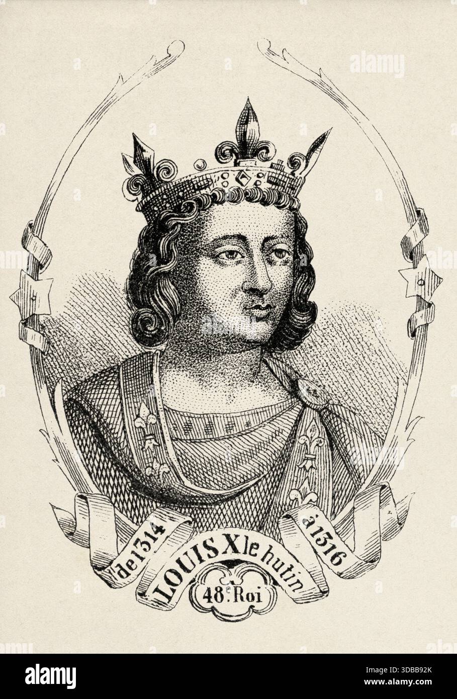 Porträt von Ludwig X. dem Quarrelsome (1289–1316) König von Frankreich. Antike Illustration von Emile Simon (1805-1886) aus dem historischen und malerischen Atlas, Universal History 1861 Stockfoto