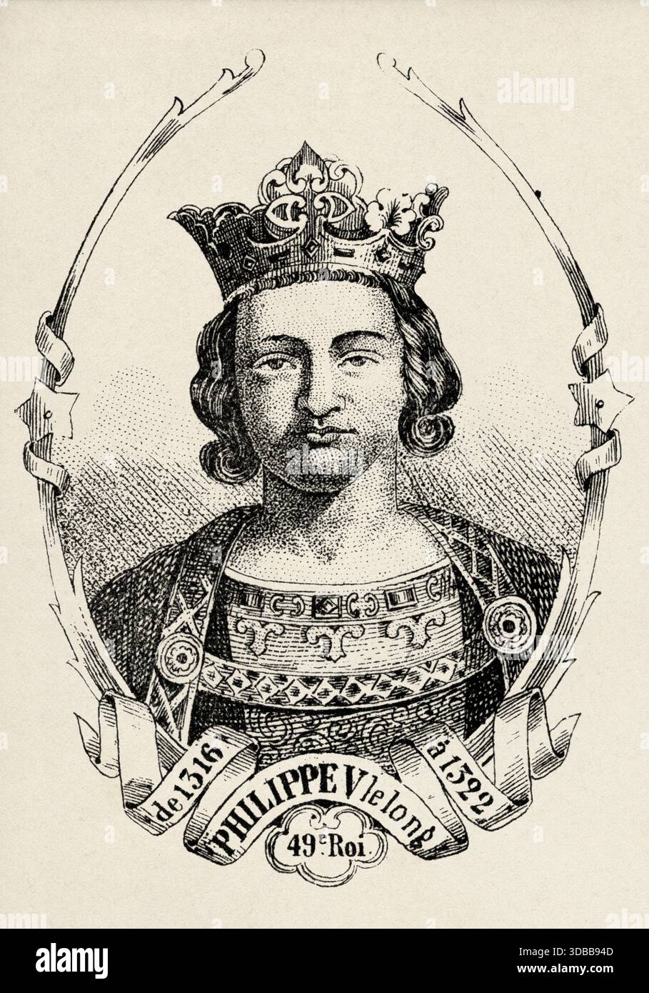 Porträt von Philipp V. dem Großen (1291–1322) König von Frankreich. Antike Illustration von Emile Simon (1805-1886) aus dem historischen und malerischen Atlas, Universal History 1861 Stockfoto