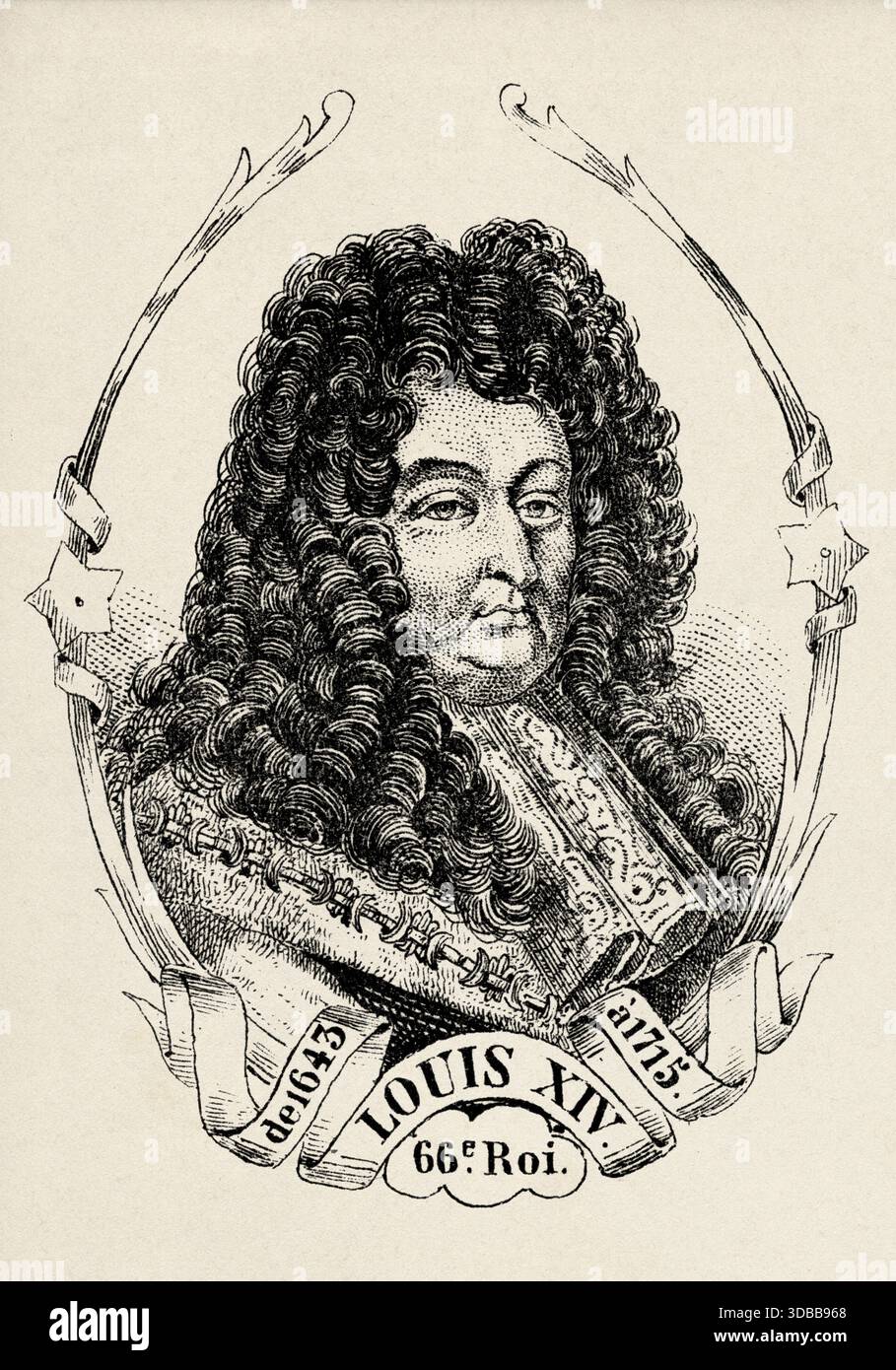 Porträt von Ludwig XIV. (1638–1715) König von Frankreich. Antike Illustration von Emile Simon (1805-1886) aus dem historischen und malerischen Atlas, Universal History 1861 Stockfoto