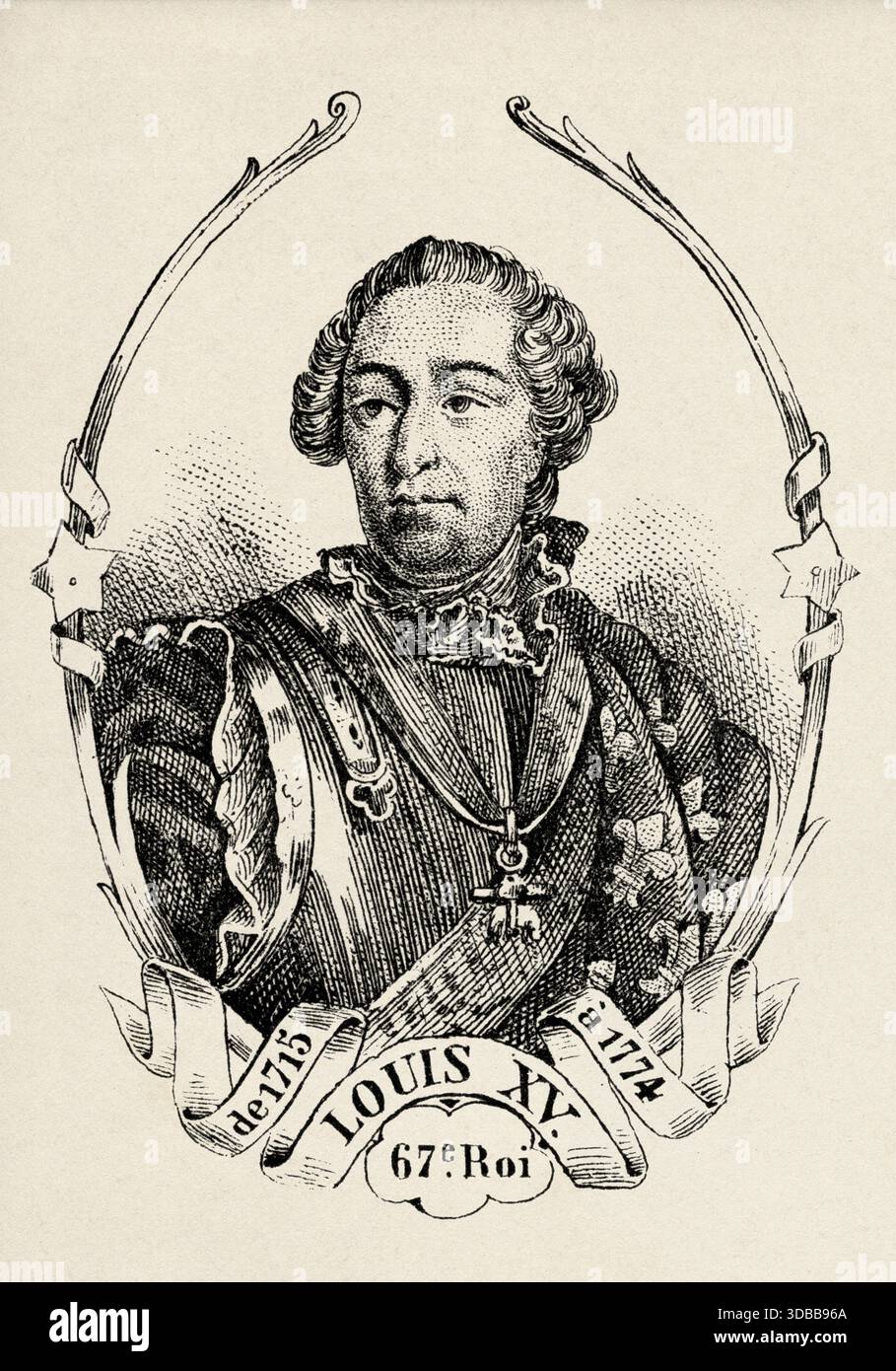 Porträt von Ludwig XV. Dem Geliebten (1710–1774) König von Frankreich. Antike Illustration von Emile Simon (1805-1886) aus dem historischen und malerischen Atlas, Universal History 1861 Stockfoto