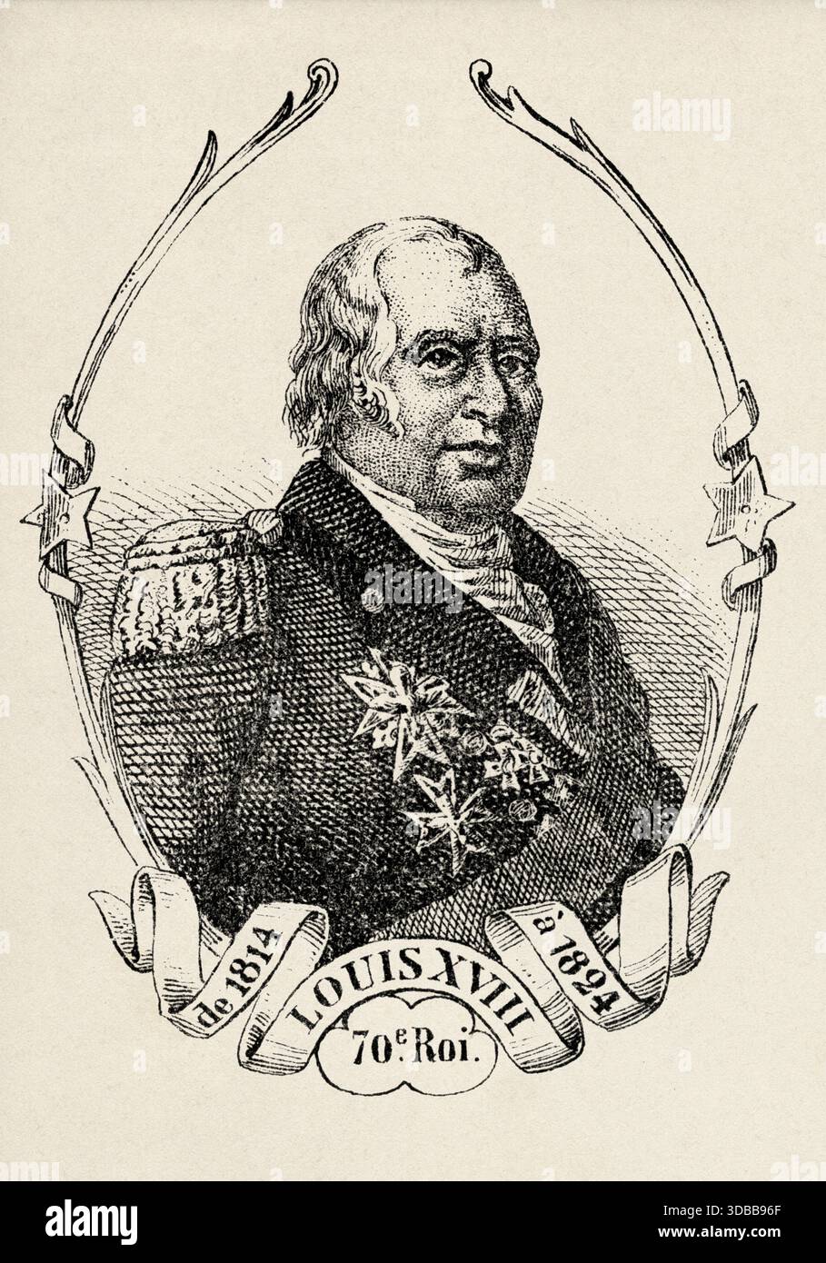 Porträt von Ludwig XVIII. Dem ersehnten (1755–1824) König von Frankreich. Antike Illustration von Emile Simon (1805-1886) aus dem historischen und malerischen Atlas, Universal History 1861 Stockfoto