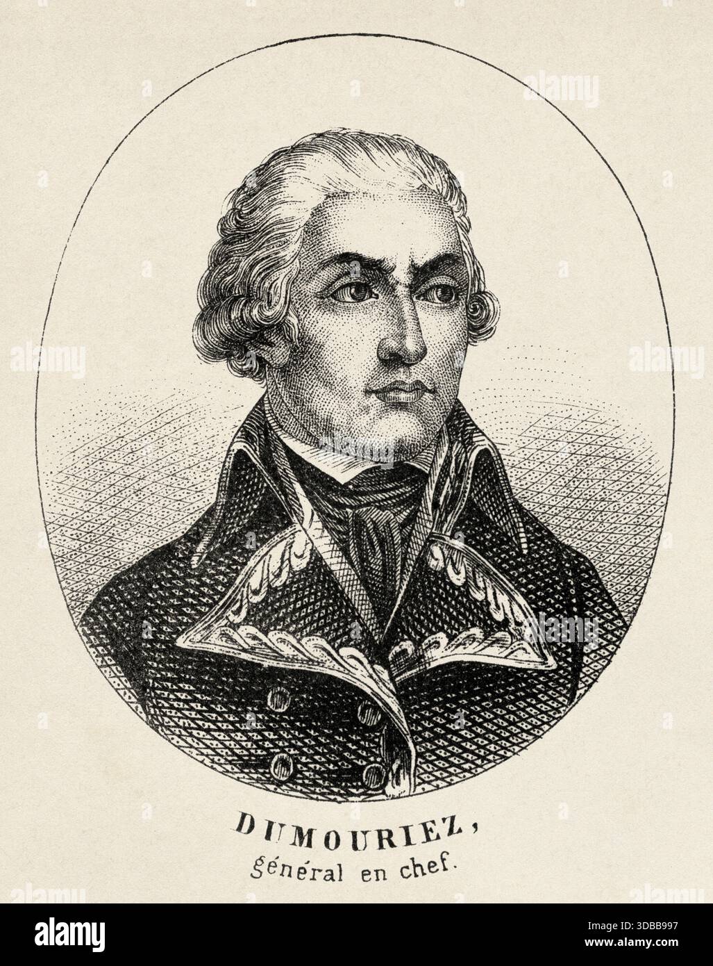 Porträt von Charles Francois du Périer Dumouriez (1739–1823) war ein französischer Offizier, Außenminister, Kriegsminister in einem Kabinett der Girondin und General der Armee während des Französischen Unabhängigkeitskrieges. Antike Illustration von Emile Simon (1805-1886) aus dem historischen und malerischen Atlas, Universal History 1861 Stockfoto