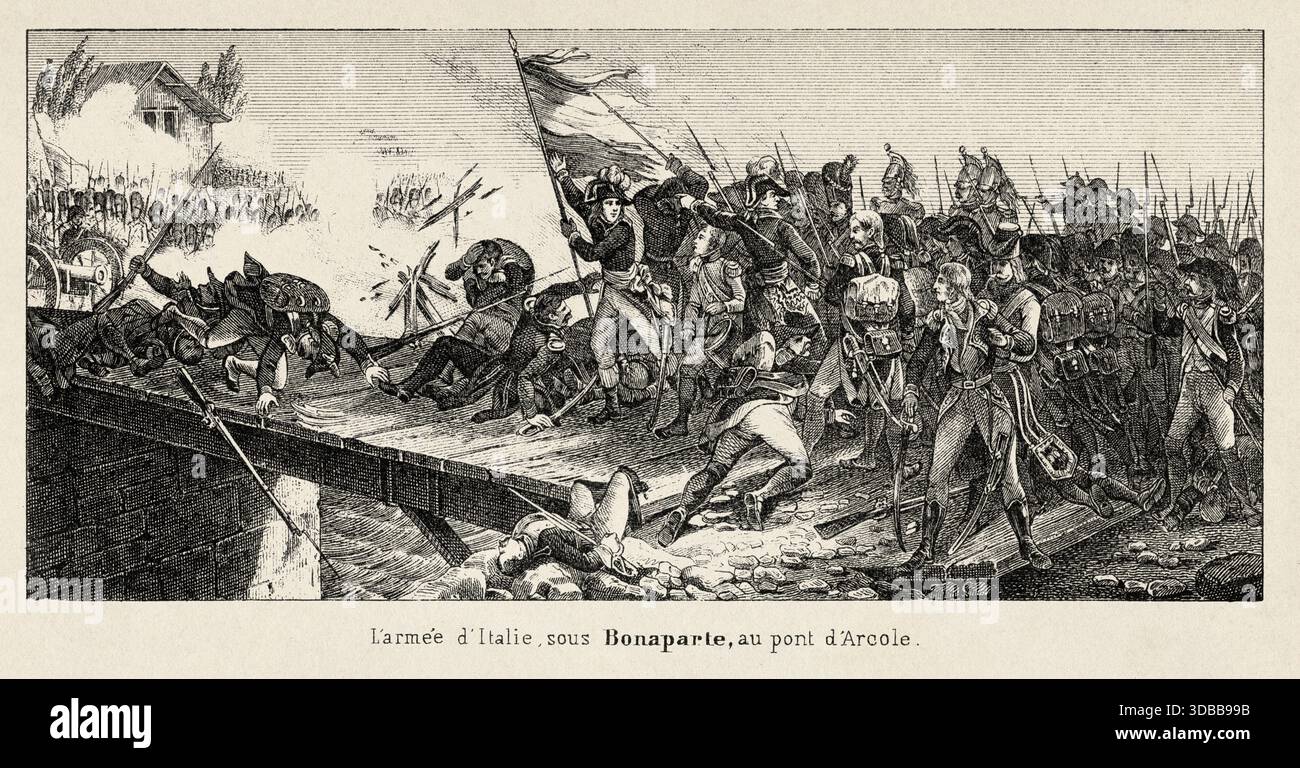 Die Schlacht von Arcole (15.–17. November 1796) wurde zwischen französischen und österreichischen Truppen 25 km südöstlich von Verona während des Ersten Koalitionskrieges ausgetragen. Antike Illustration von Emile Simon (1805-1886) aus dem historischen und malerischen Atlas, Universal History 1861 Stockfoto