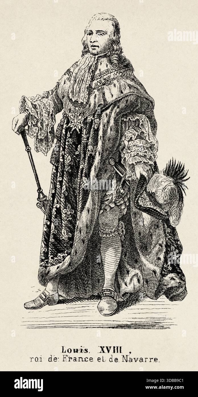 Porträt von Ludwig XVIII. Dem ersehnten (1755–1824) König von Frankreich und Navarra. Antike Illustration von Emile Simon (1805-1886) aus dem historischen und malerischen Atlas, Universal History 1861 Stockfoto