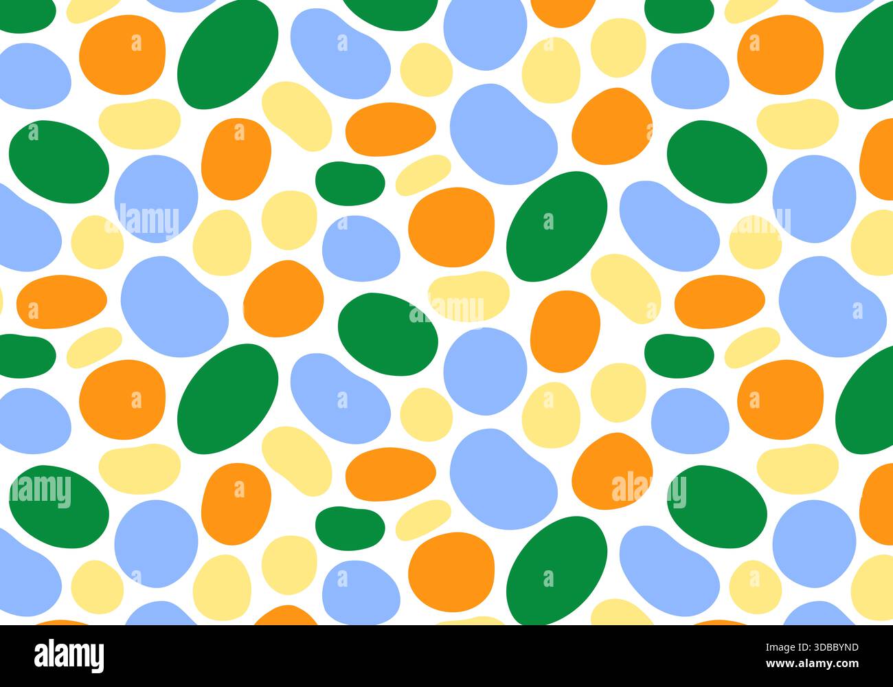 Schönes süßes Muster mit bunten Punkten in verschiedenen Formen auf weißem Hintergrund. Oval, Kreis, Umfang. Geschenkpapier, moderner Druck, Einrichtung. Stockfoto