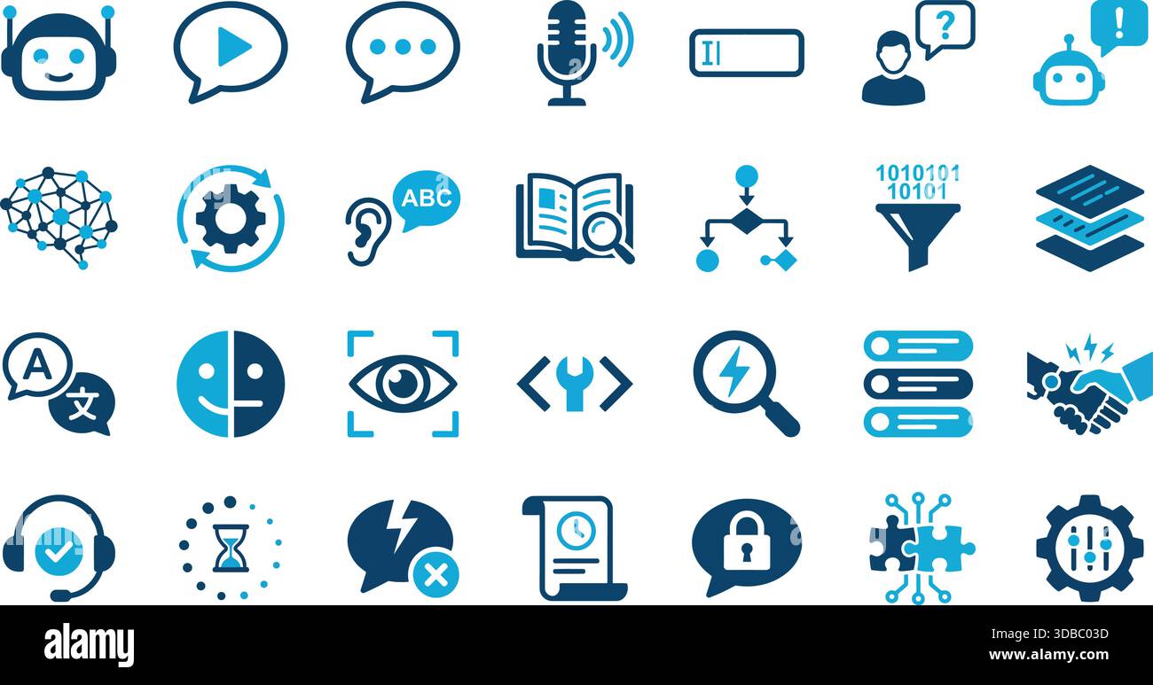 Eine umfassende Sammlung blauer Vektorsymbole, die KI-, ML-, Automatisierungs- und Datenverarbeitungskonzepte darstellen. Nützlich für Präsentationen und Webdesign Stock Vektor