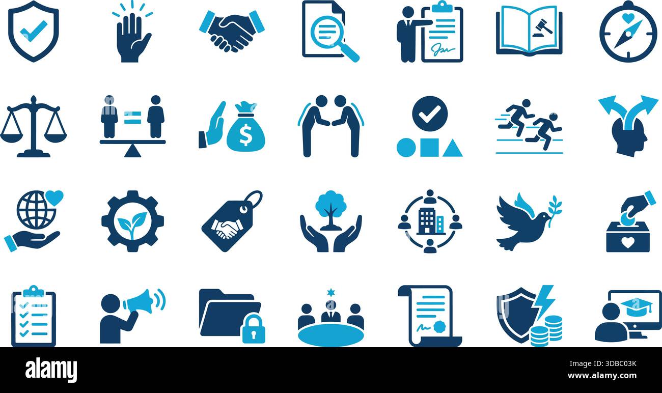 Sammlung von Vektorsymbolen für Corporate Social Responsibility (CSR), ethische Compliance und Business Governance. Einschließlich Rechtsschutz und Umwelt Stock Vektor