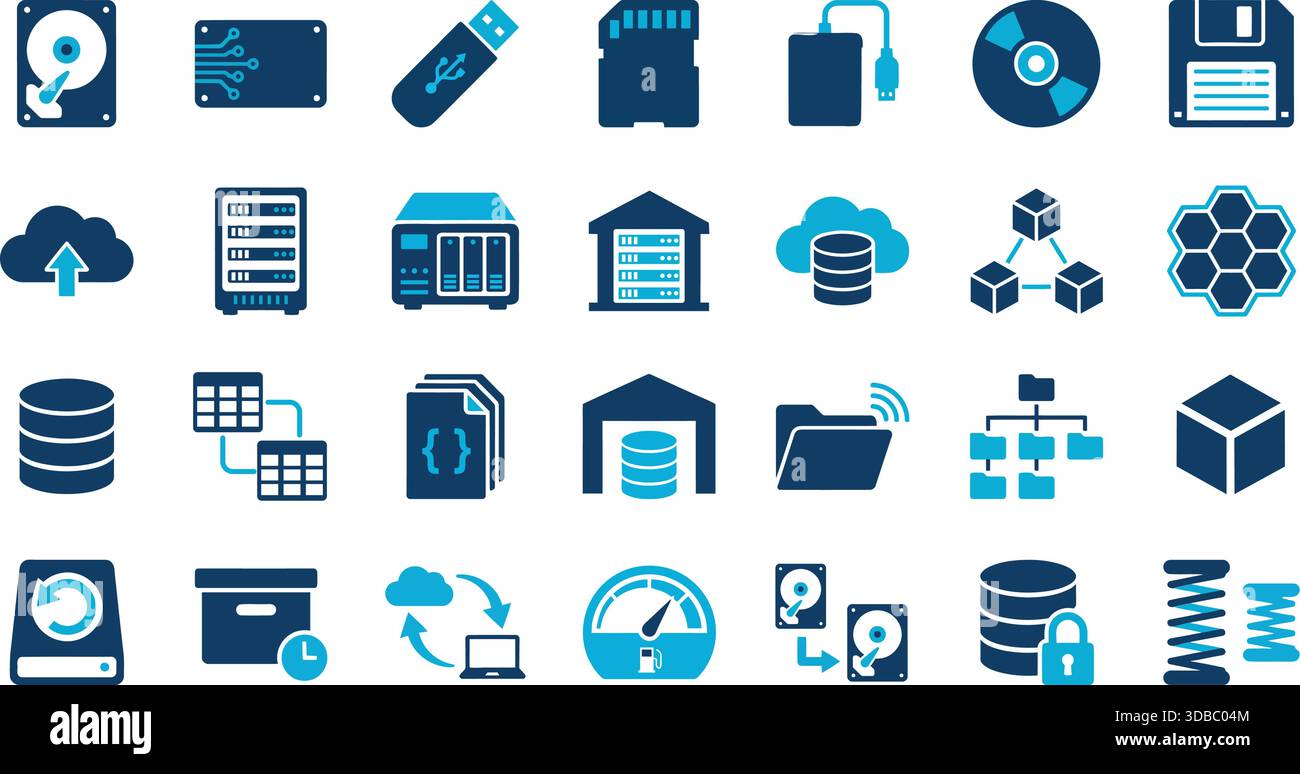 Flache Vektorsymbole für IT-Infrastruktur, Datenspeicher, Netzwerk- und Servergeräte. Ideal für Technologiepräsentationen, Websites und Data Ma Stock Vektor
