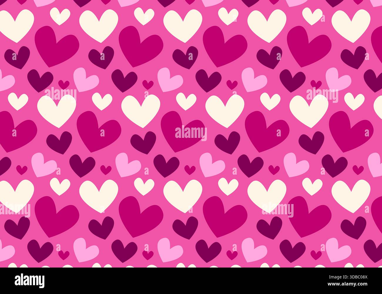 Nahtloses Muster mit rosafarbenen Herzen in verschiedenen Formen. Geschenkpapier, Druck, Design, Dekor zum Valentinstag. Liebe, Romantik, Verliebtheit. Stockfoto