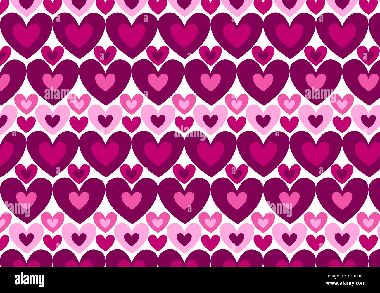 Nahtloses Muster mit rosafarbenen Herzen in verschiedenen Formen. Geschenkpapier, Druck, Design, Dekor zum Valentinstag. Liebe, Romantik, Verliebtheit. Stockfoto