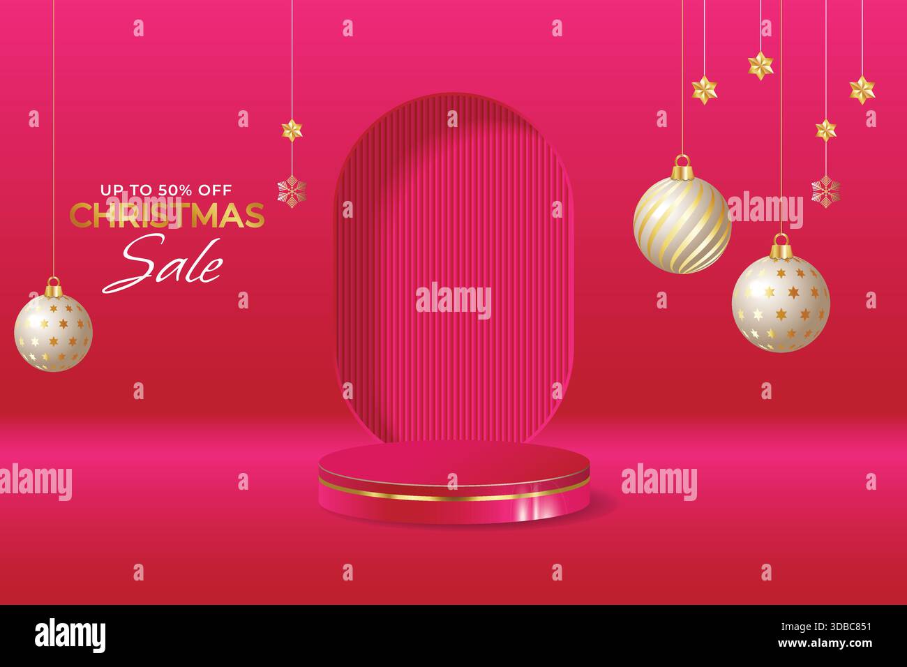 Weihnachtsangebot Poster Clipart-Design mit Podium. Weihnachtsangebot Sonderangebot Einkaufsrabatt ClipArt mit rosa Podium Stock Vektor