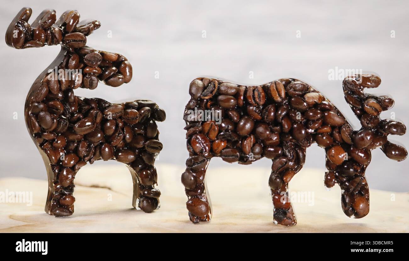 Zwei Elchfiguren aus gerösteten Kaffeebohnen auf hellem Hintergrund. Kreatives kulinarisches Kunstkonzept, das Natur, Wärme und Winteratmosphäre symbolisiert Stockfoto