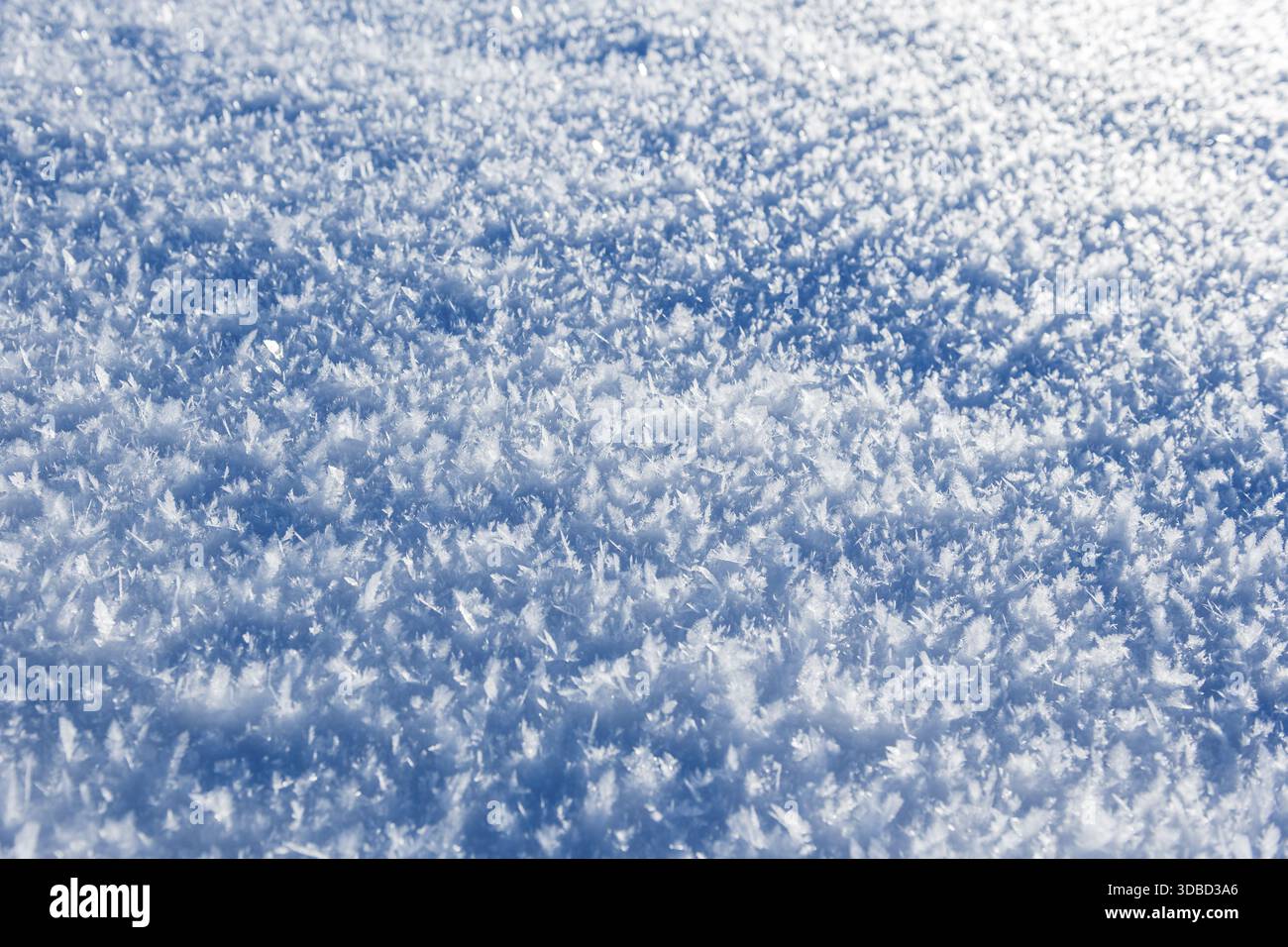 Nahaufnahme von Eiskristallen auf einer Schneedecke, die ein kühles, winterliches Gefühl vermittelt, Bayern, Deutschland Stockfoto