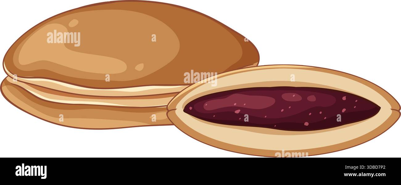 Vektor-Illustration von Dorayaki Pfannkuchen, Querschnitt, der die Füllung der süßen roten Bohnenpaste zeigt Stock Vektor