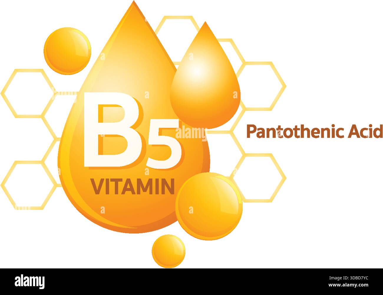Helles Vektordesign des Vitamin B5 Tropfen, sechseckiger Hintergrund, glänzende orange Verläufe, moderner Stil Stock Vektor