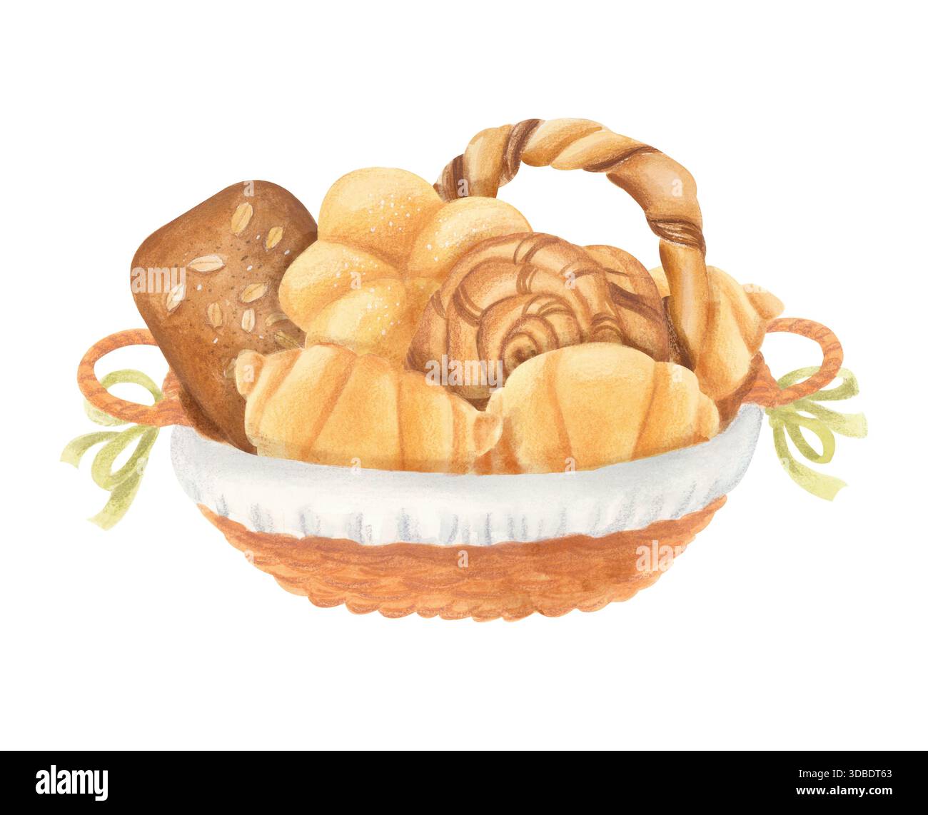 Korbkorb mit Gebäck: Croissants, Brötchen und Bagels. Isolierte Illustration mit Aquarell. Stockfoto