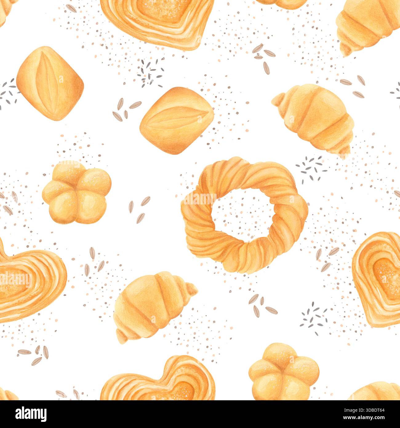 Nahtloses Aquarellmuster mit Gebäck in gemütlichem handgezeichnetem Stil auf weißem Hintergrund. Stockfoto