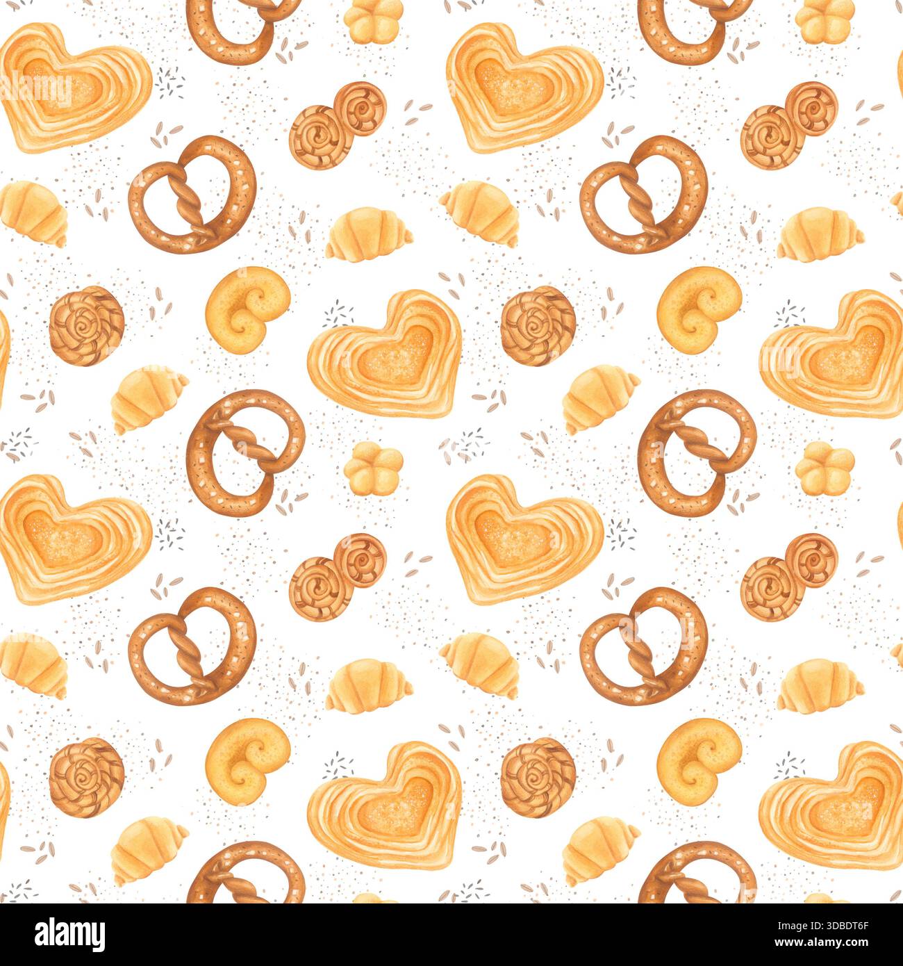 Nahtloses Aquarellmuster mit Gebäck in gemütlichem handgezeichnetem Stil auf weißem Hintergrund. Stockfoto