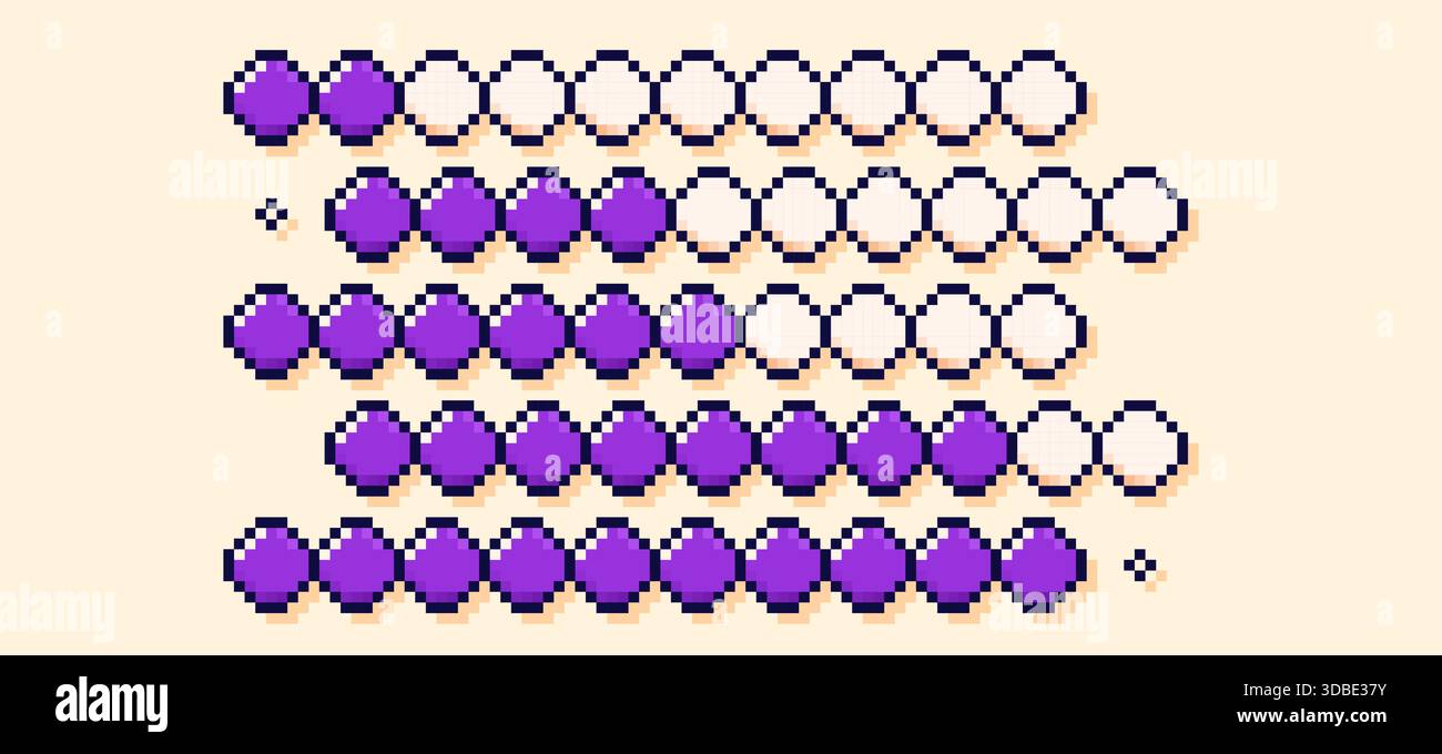 Ein Satz pixelvioletter Ladebalken für Spiele. Stock Vektor