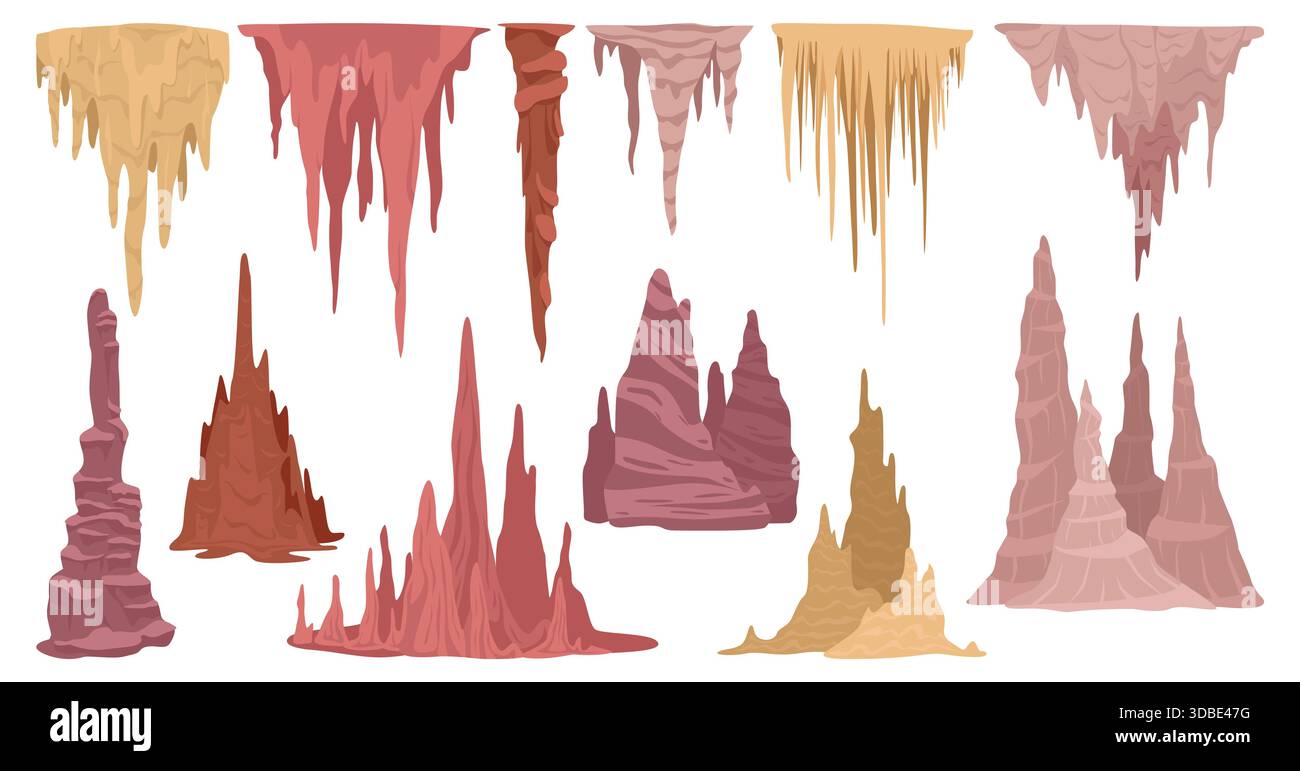 Karikaturkalksteine. Höhlenstalaktiten- und Stalagmitenformationen, unterirdische Minerallagerstätten, vulkanische Höhlengesteine, Steinberg im Inneren, Geologie el Stock Vektor
