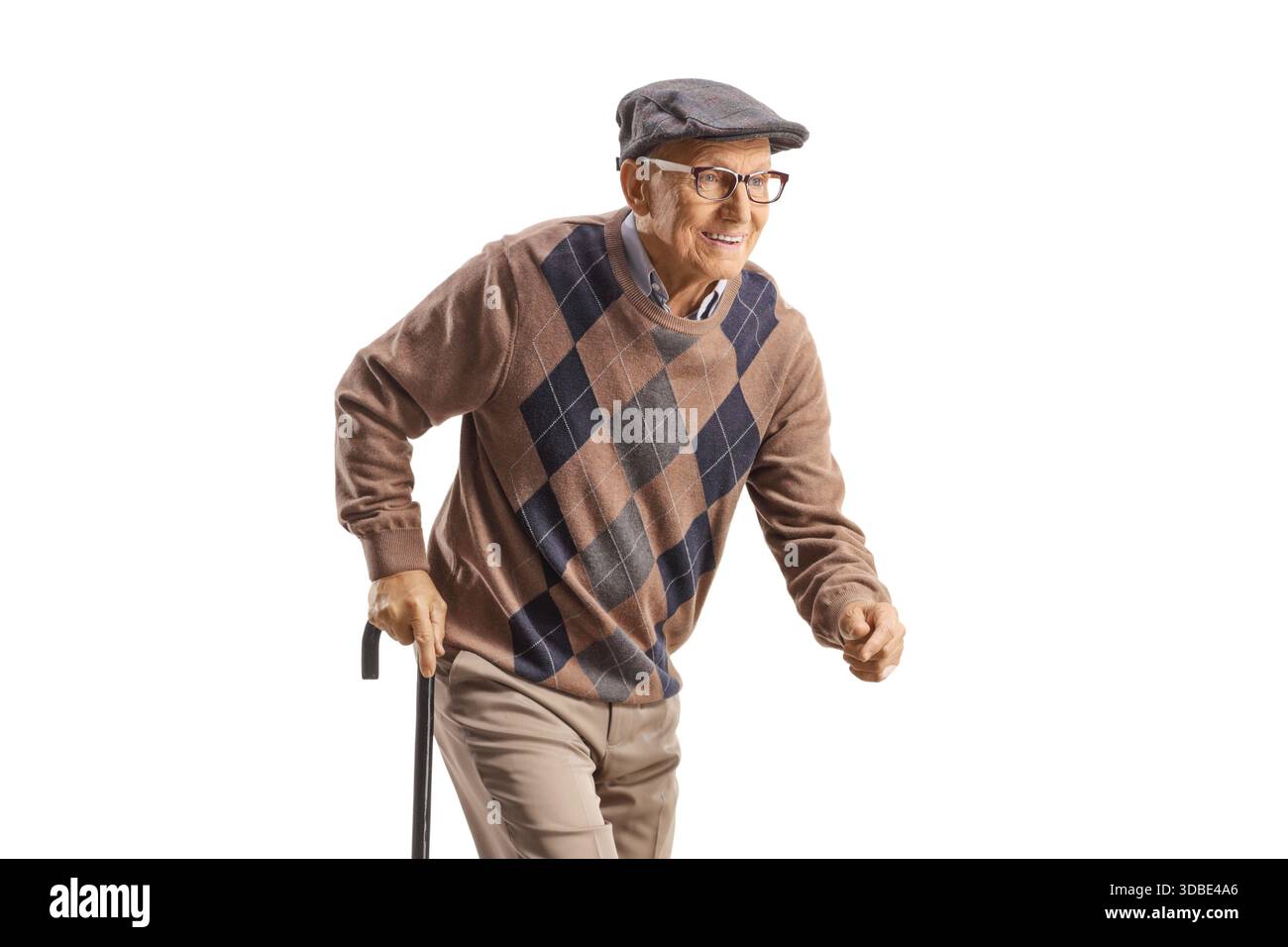 Ein krummer Senior-Mann mit einem Gehstock isoliert auf weißem Hintergrund Stockfoto