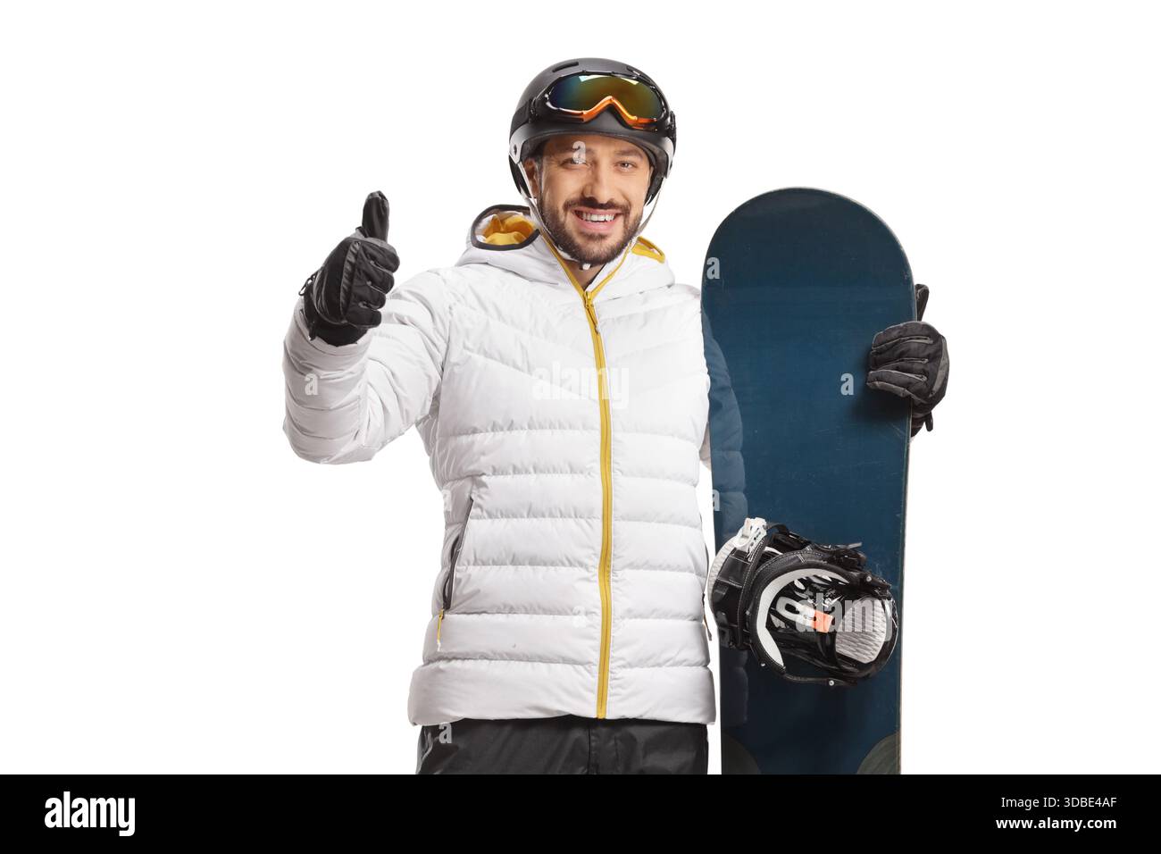 Junger Mann mit Snowboard-Gesten, die Daumen nach oben, isoliert auf weißem Hintergrund Stockfoto