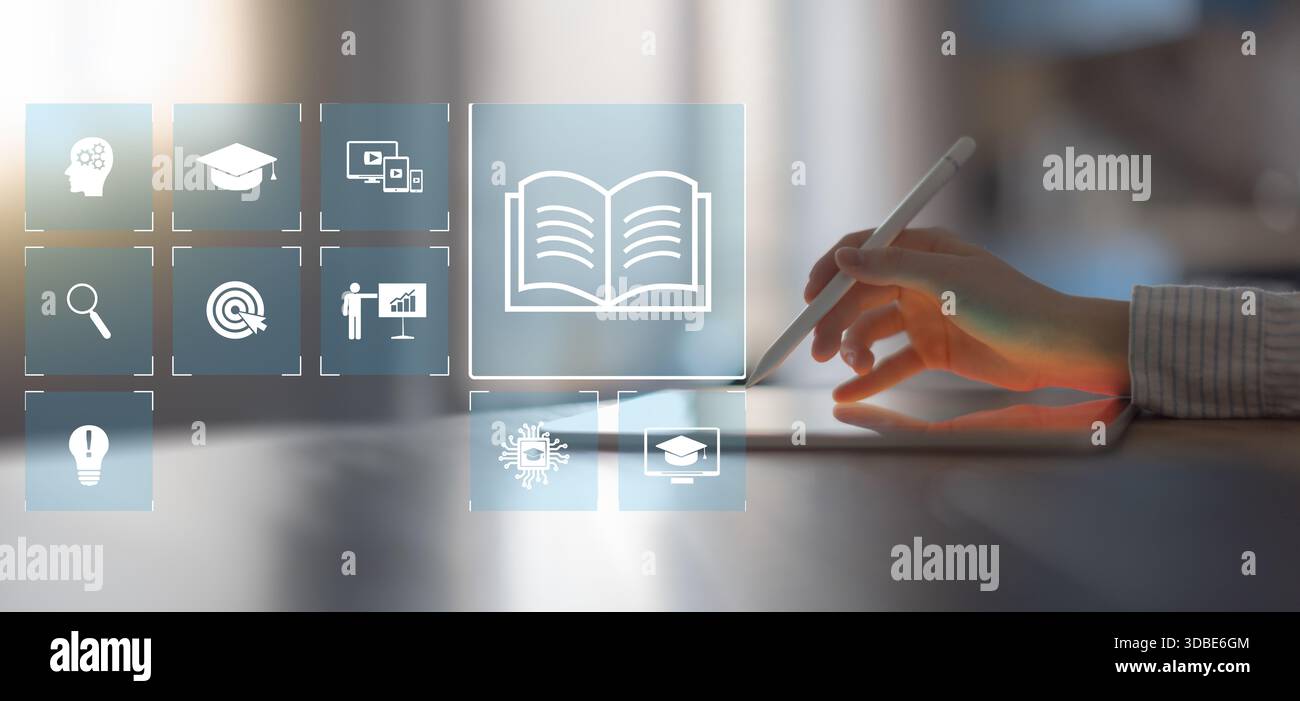 Digitaler Lern- und Schulungsressourcen, auf die über ein Touchscreen-Gerät in einer modernen Umgebung zugegriffen wird. Stockfoto