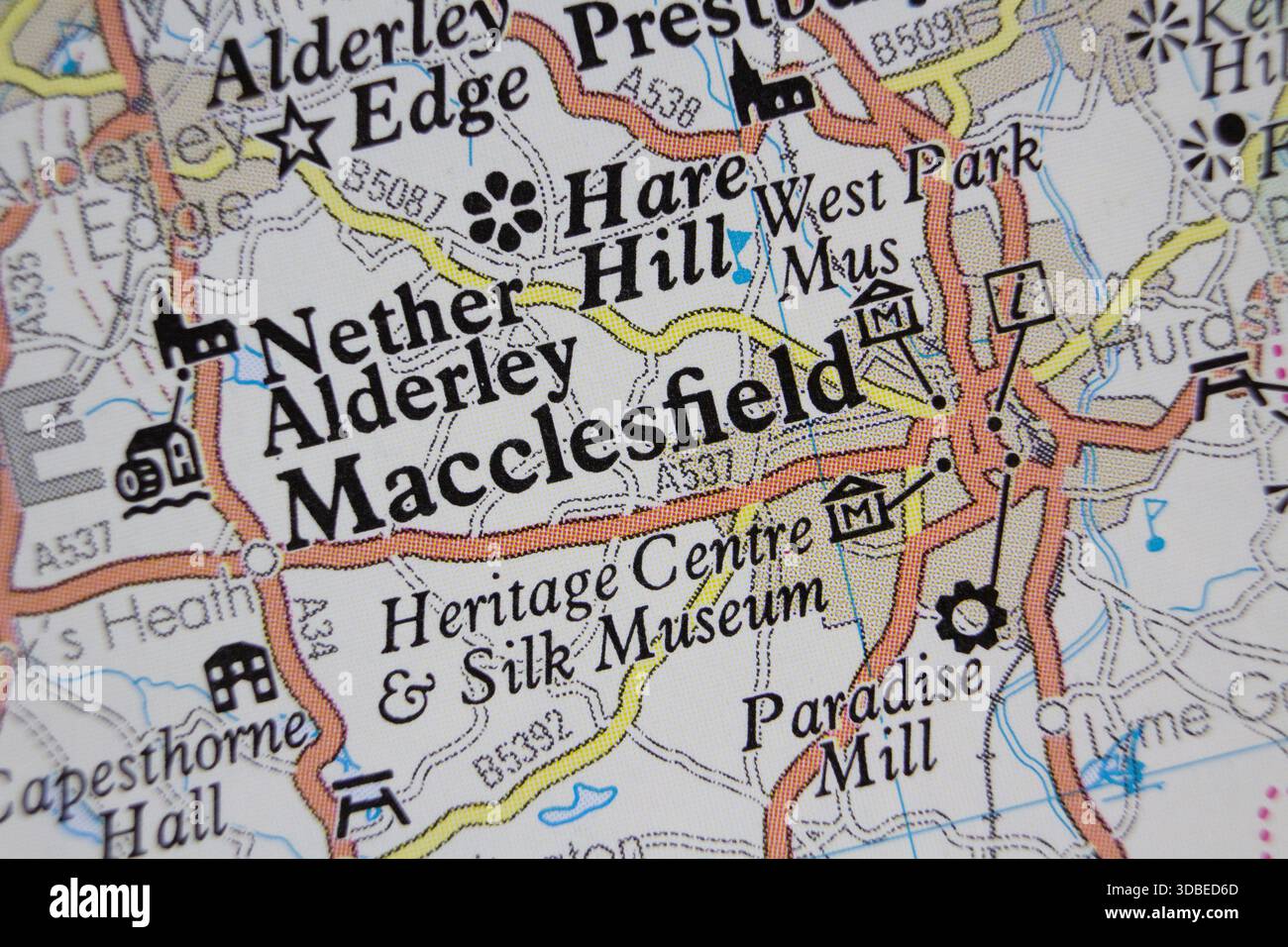 Macclesfield - Karte des britischen farbatlas mit einem Namen der Stadt Stockfoto