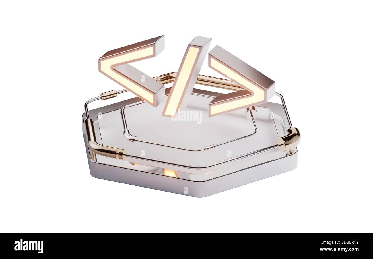 Programmiercode auf futuristischem Sechsecktisch, 3D-Rendering. 3D-Abbildung. Stockfoto