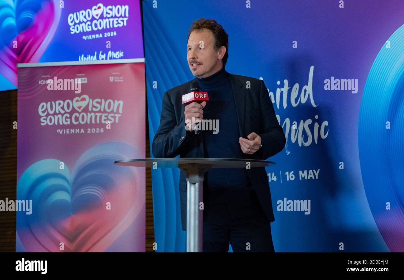 20251216 Eurovision Song Contest 2026 - ORF-Medienupdate WIEN, OESTERREICH - 16. DEZEMBER: ORF Executive Producer des Song Contest 2026 Michael Kroen waehrend des Mediengespraechs anlaesslich eines ORF Updates zum 70. ESC - Eurovision Song Contest vom 12. bis zum 16. Mai 2026 in Wien im Foyer der Halle F der Wiener Stadthalle am 16. Dezember 2025 in Wien, Oesterreich. 251216 SEPA 17 023 Copyright: XIsabellexOuvrardx SEPAxMedia Stockfoto