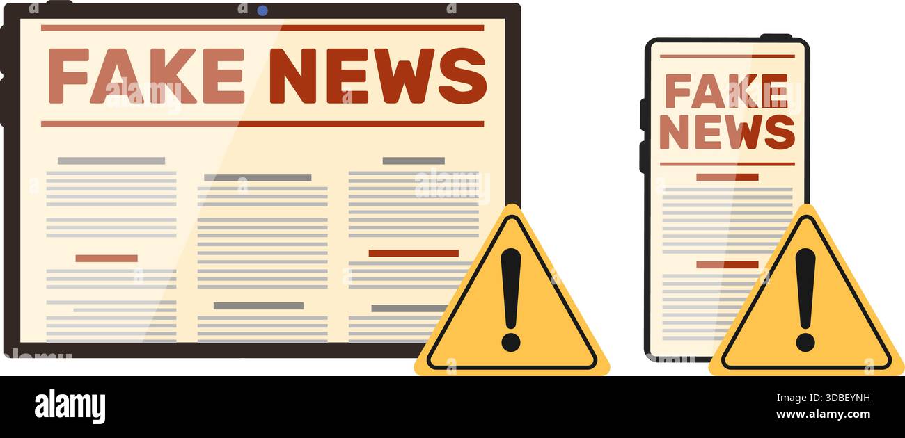 Gefälschte Nachrichten auf Tablets und Telefonen. Fehlinformationen-Propaganda. Web-Reportage-Fiktion. Falscher Computer-Newsletter. Drücken Sie auf „Fälschung“. Warnsymbol. Stock Vektor