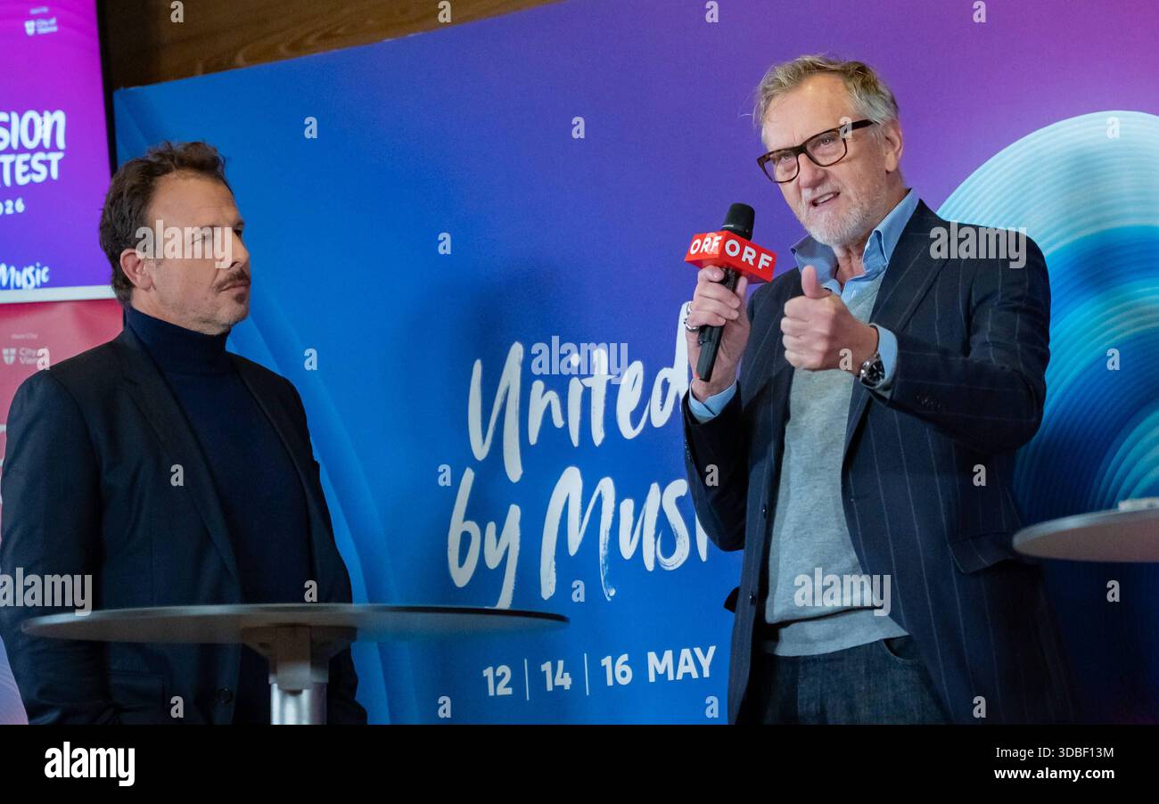 20251216 Eurovision Song Contest 2026 - ORF-Medienupdate WIEN, OESTERREICH - 16. DEZEMBER: ORF Executive Producer des Song Contest 2026 Michael Kroen und ORF Art Director Michael Hajek waehrend des Mediengespraechs anlaesslich eines ORF Updates zum 70. ESC - Eurovision Song Contest vom 12. bis zum 16. Mai 2026 in Wien im Foyer der Halle F der Wiener Stadthalle am 16. Dezember 2025 in Wien, Oesterreich. 251216 SEPA 17 026 Copyright: XIsabellexOuvrardx SEPAxMedia Stockfoto