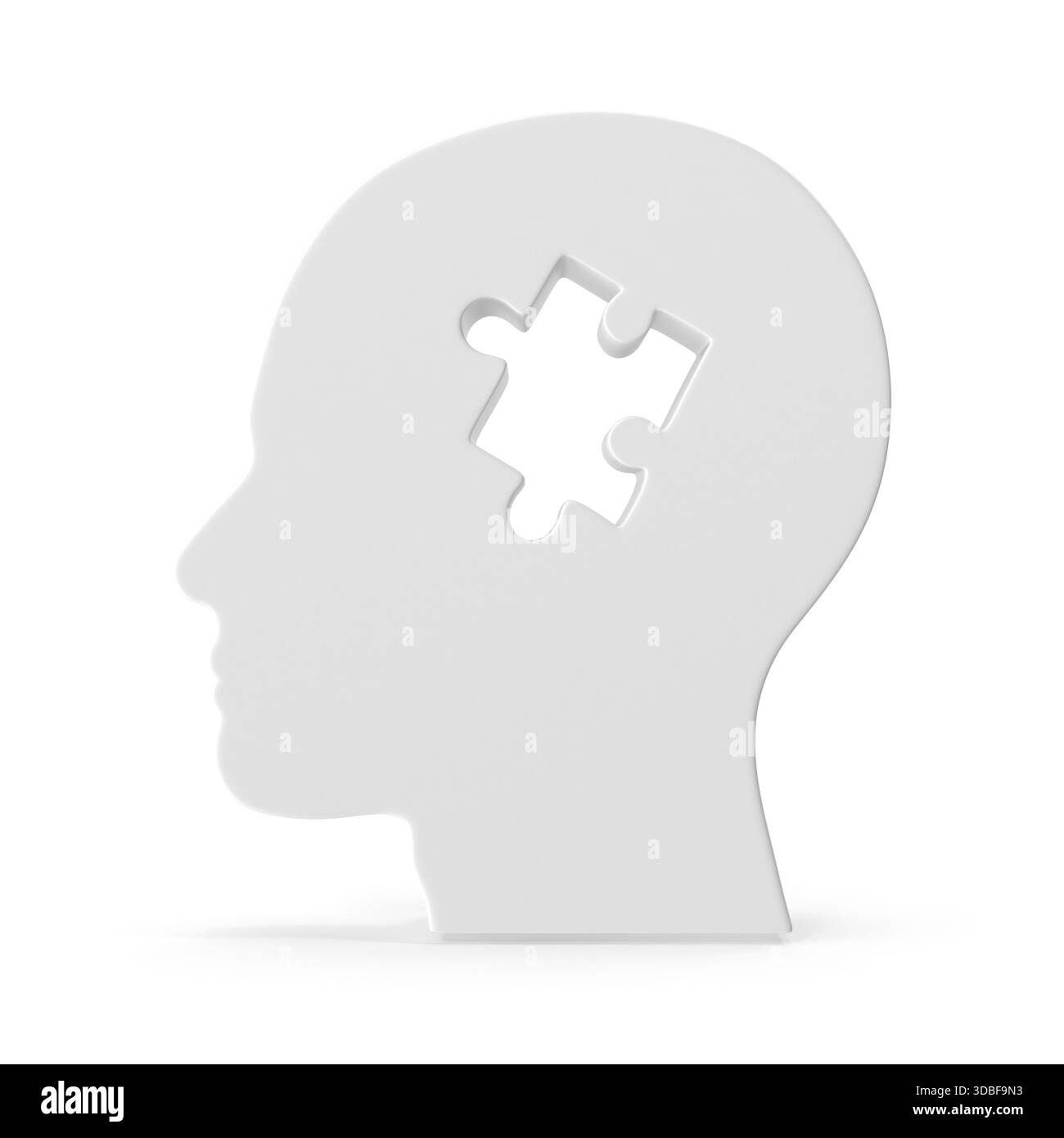 Menschliche Kopfsilhouette mit fehlendem Puzzleteil, das Gedächtnis oder kognitive Lücken repräsentiert Stockfoto