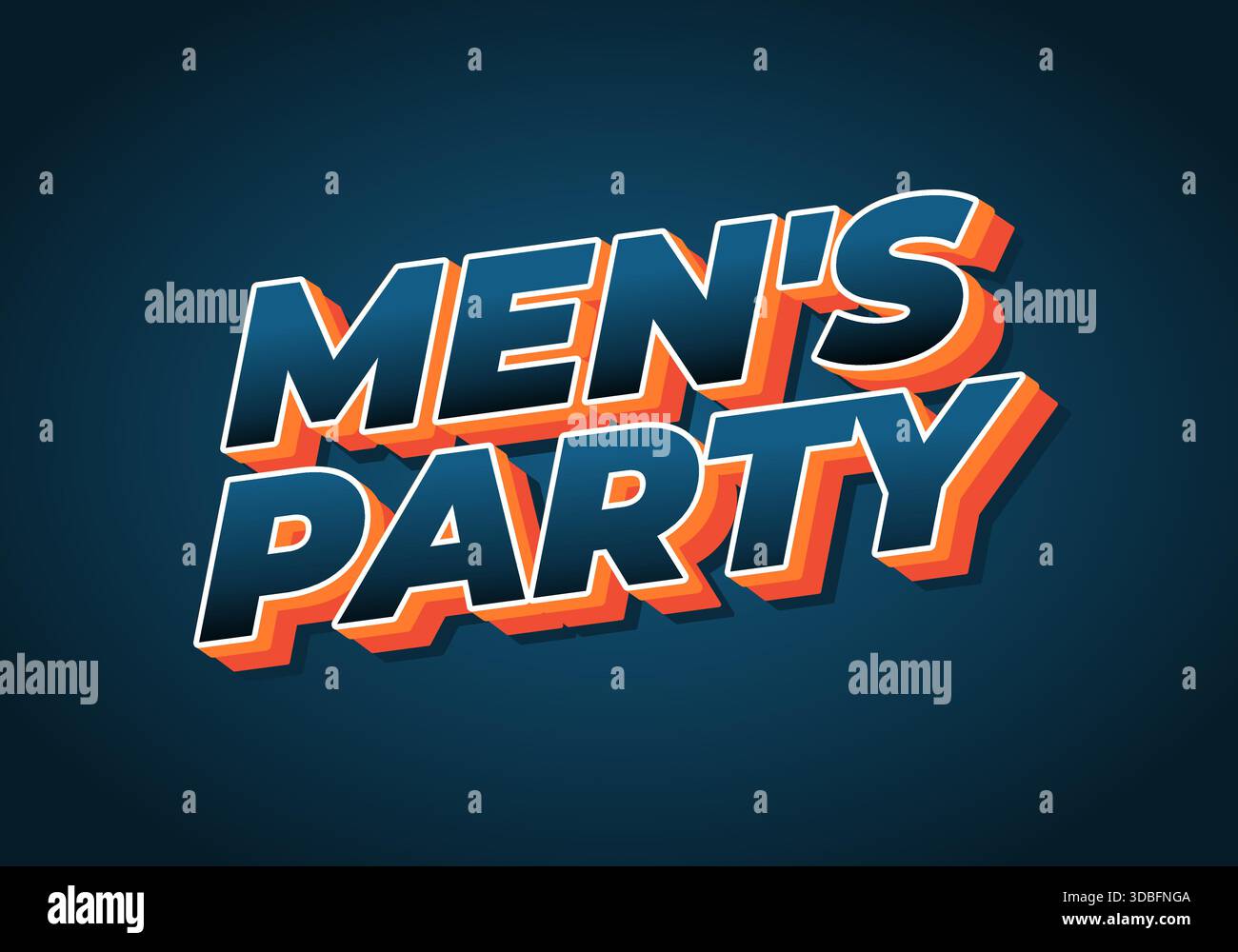 Ein lebendiges Grafikdesign mit dem Text Mens Party in auffälliger, stilisierter Typografie. Der Hintergrund ist tiefblau, was die Sichtbarkeit des Textes verbessert. Stock Vektor
