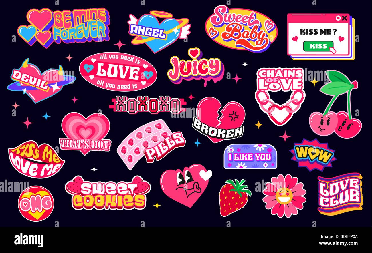 Love Heart y2k Retro Groovy Aufkleber, Valentinstag Patch Etiketten. Vektor rosa Herzen mit Cupid Engelsflügel, Blume und Kirsch Emojis. Ich liebe Nachrichtenfenster, Kuss-Lippen und Erdbeerkuchen y2k-Aufkleber Stock Vektor