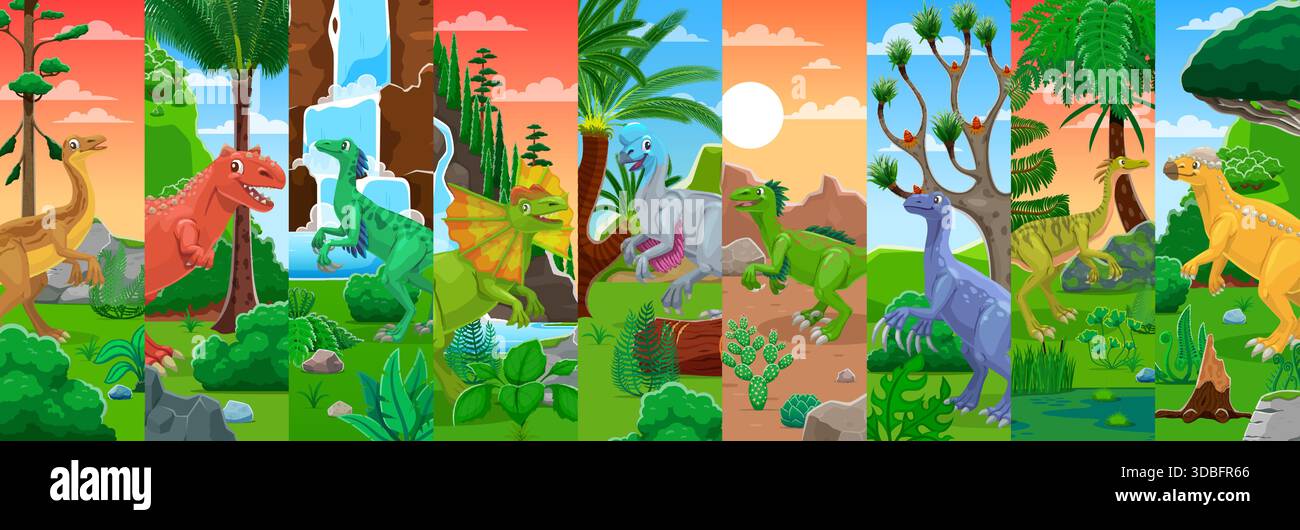Collage prähistorischer Dinosaurierfiguren. Ausgestorbene Reptilien lustige Persönlichkeiten Vektorplakat, süße Dinosaurier Collage mit Dilophosaurus, Carnotaurus, Gallimimus und Roodon in Sumpflandschaft Stock Vektor